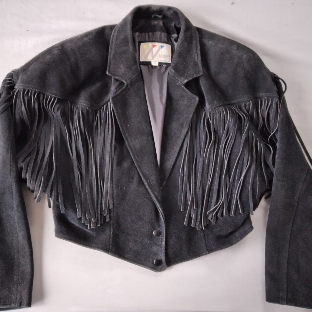 Vintage black suede and leather jacket with fringe
